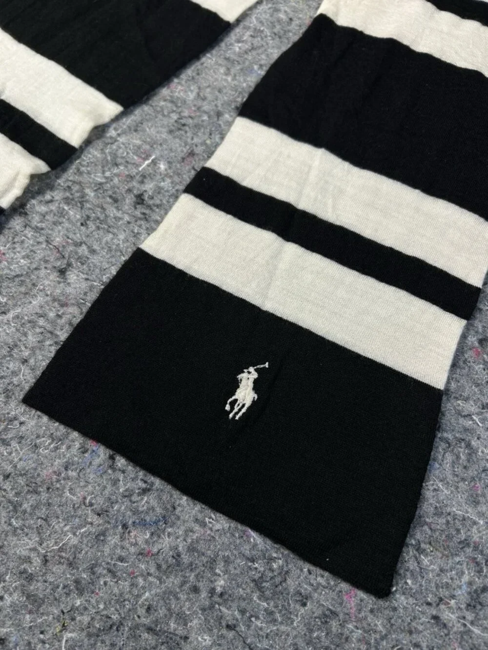 Polo Ralph Lauren 100% Merino Wool Striped Scarf Black Cream Embroidered Pony